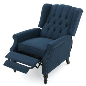 Noble House Recliner 28"W Big+Tall Nailhead Trim Wing Polyester Wood Dark Blue - Picture 1 of 11