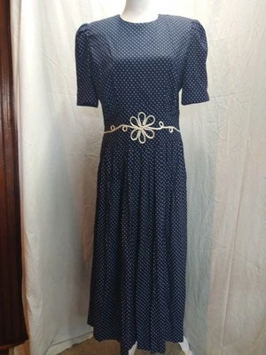 Vestido vintage para mujer talla 12 azul marino a lunares midi coqueta cottagecore  Foto 1 de 4