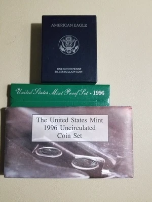 1996 coin package (3) coin sets. Proof set, P & D mint set, 1996-P Silver eagle  - Image 1 of 4