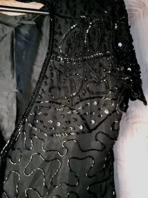 Vintage Beaded Flapper Era Style Women's M Black Dress Sequin Open Back & Slit - Image 1 of 4