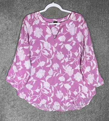 Top Lee semi transparente para mujer talla 2X rosa blanco floral manga 3/4 lengüeta enrollable popover Foto 1 de 4