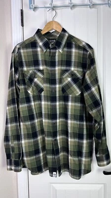 Camisa masculina de flanela Solaris nova sem etiquetas grande verde preta xadrez L/S botão para cima caminhadas - Imagem 1 de 4