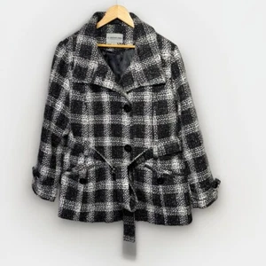 Weather Tamer Plaid Belted Peacoat Women’s Size 1X Black & White - Picture 1 of 6