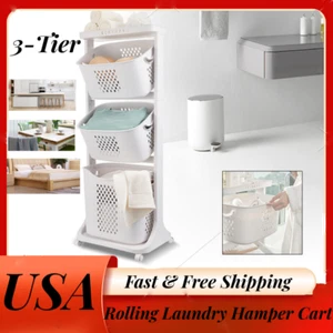 3 Tier Laundry Hamper Basket Sorter Clothes Storage Organizer Shelf Rolling Cart - Picture 1 of 12
