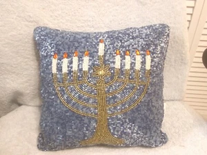 Hanukkah Beaded Menorah Decorative Throw Pillow New 11" x 11" - Picture 1 of 2