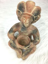 Mexican Sitting Mayan Statue Terracotta Medium Size Holding Vase Holder