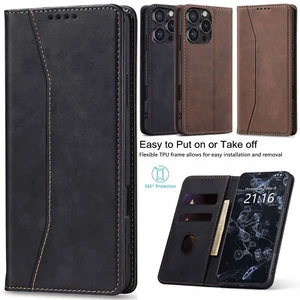 For iPhone 16 Plus/Pro/16 Pro Max/16e Magnetic Case Wallet Leather Stand Cover - Picture 1 of 24