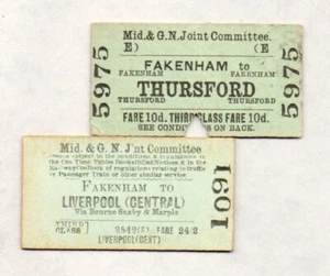 TWO M&GN railway tickets: FAKENHAM to THURSFORD, LIVERPOOL (Ctl.) - Picture 1 of 2
