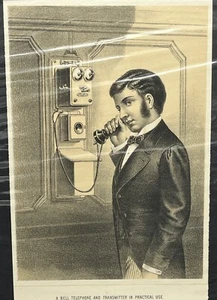 Image of A Bell Telephone & Transmitter in Practical Use (colour litho) - Picture 1 of 3