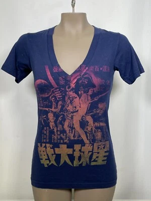Póster de película japonesa Star Wars comida chatarra azul marino cuello en V camiseta para mujer PEQUEÑA Foto 1 de 4