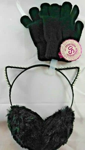 EARMUFFS & GLOVES SET, Rhinestone Lined CAT EARS, Fur MUFFS w BLACK GLOVES NWT - Picture 1 of 7