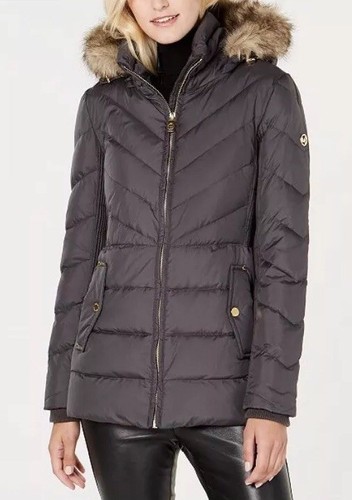 Michael Kors Giacca Cappotto Piumino Cappuccio Ecopelliccia Grigio Gunmetal XXS $280 Nuovo con etichette