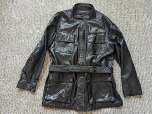 Chaqueta de cuero vintage J PETERMAN motocicleta británica con cinturón L negro TRINCHERA - Imagen 1 de 11