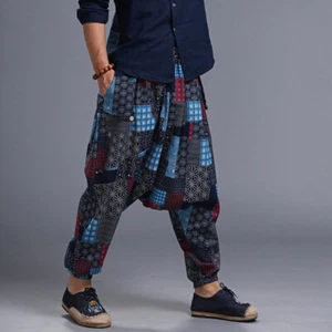 Men Linen Cotton Low Crotch Harem Tapered Pants Baggy Hippie Boho Trouser Casual - Picture 1 of 6