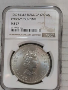1959 Bermuda Crown 92.5% Silver NGC MS67 KM#13 Colony Founding - Picture 1 of 2