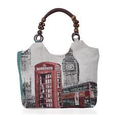 Big Ben Theme Jute Tote Bag for Women Knitted Texture Zipper Closure Handbag
