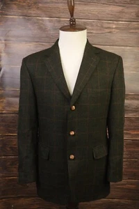 BURBERRY LONDON Tweed Olive Green Wool Check Elbow Patch Blazer Jacket Size 50 - Picture 1 of 18