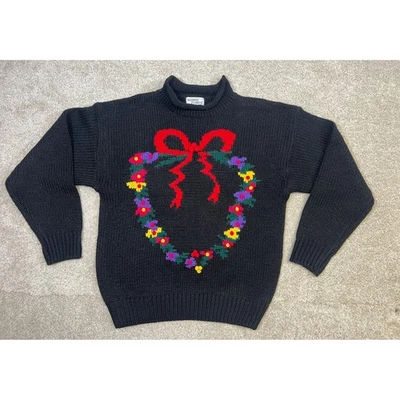 Vtg Hasting & Smith Black Turtleneck Sweater Floral Wreath Bow Knit Womens M - Image 1 of 4