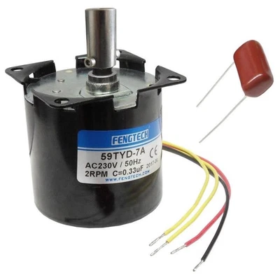 FENGTECH AC Synchron-Getriebemotor, 60mm, 230V/50Hz, 4W, 2RPM, Aufnahme f. 8mm-Grillspieß