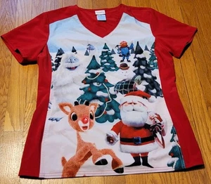 Rudolph The Red-Nosed Reindeer Tooniforms Medical Scrub Top V-Neck Size Sm - Picture 1 of 9