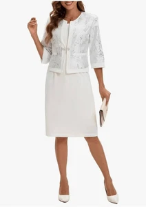 Women's 12 White Two Piece Dress Church Suit Formal Jacquard Embroidery Jacket - Picture 1 of 15