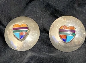 ❧Southwest Sterling Silver Multi-Stone Inlay Mosaic Heart Earrings Marked L C🌸 - Picture 1 of 8