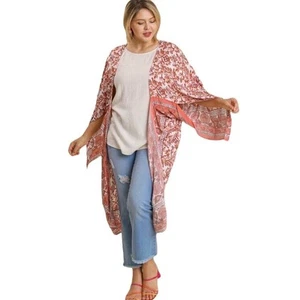 NWT Umgee Boho Floral Pink Open Front Duster Long Sleeve Kimono Women's XL/XXL - Picture 1 of 7