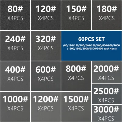 XCAN 60pcs Sandpaper Set Wet/Dry Sheets for Auto Wood Metal, 80-3000 Grit, 9" x 3.6"