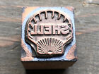 Antikes Kupfer auf Holz montiert Druckerblock - MUSCHEL Werbelogo