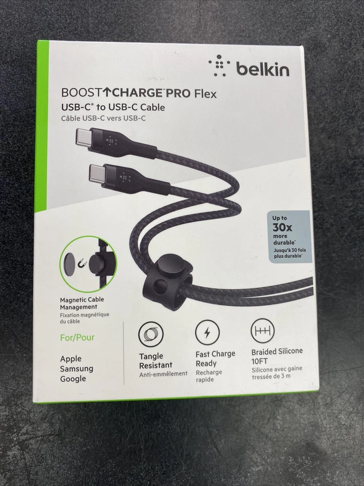 Belkin BoostCharge Pro Flex USB-C Cable W/USB-C Connector Cable Strap 10FT