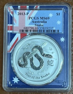 2013 P Australia $1 Lunar Year of the Snake 1 oz Silver Coin PCGS MS69 Flag Core - Picture 1 of 10