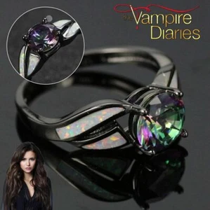 The Vampire Diaries Elena Gilbert Rainbow Gem & Fire Opal Tungsten Infinity Ring - Picture 1 of 6