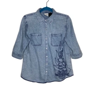 Harley Davidson Blue Vintage Wash Cotton Roll Tab Sleeve Pearl Snap Shirt Medium - Picture 1 of 12