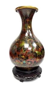 China - Vase Aus Emaille Partitioniert 26 CM Mit Sein Sockel aus Holz - Bild 1 von 3