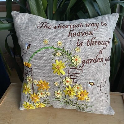 Embroidered Crewel Bee Floral THROW PILLOW Garden Gate Heaven Buttons Ribbon - Image 1 of 4
