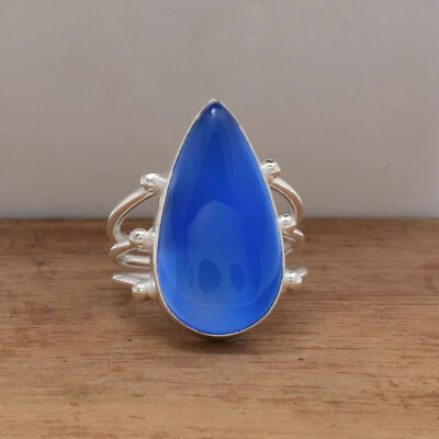 Natale Blu Calcedonio Gemma 925 Argento Sterling Artigianale Anello Tutti - Immagine 1 di 4
