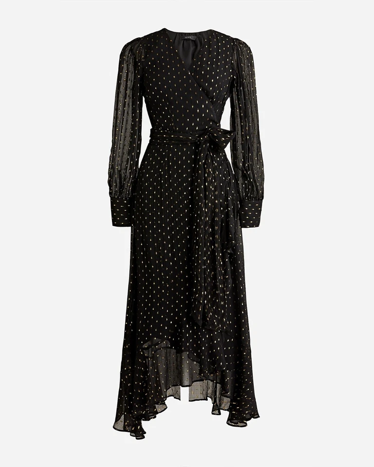 ¡Nuevo! Vestido J Crew Talla 12 Volantes Dobladillo Lurex Gasa Envolvente Negro Dorado Nuevo con Etiquetas BN122 Foto 1 de 1