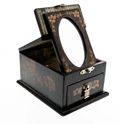 Старый китайский черный лак вручную ювелирных изделий косметическая шкатулка со складным зеркалом - Изображение 1 из 4
