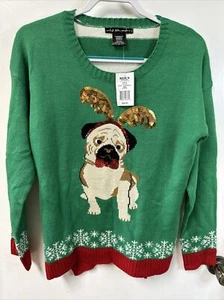 United States Sweater Pug with Antlers Holiday Christmas Scoop Neck Size L NWT - Picture 1 of 5