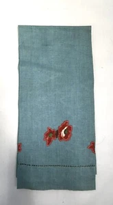 Asciugamano da tè vintage ricamato piatto a mano floreale Teal - Foto 1 di 3