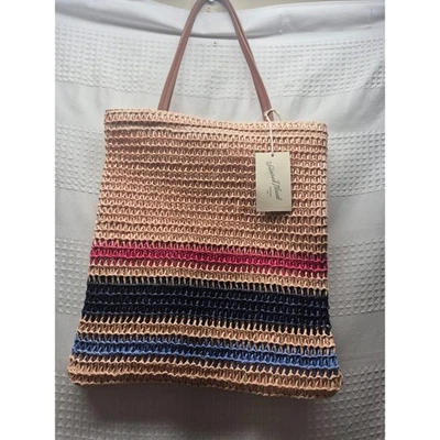 Target Shoulder Bag Tan Blue Red Straw Large Bag Cute Canvas Tote s37 - Image 1 of 4
