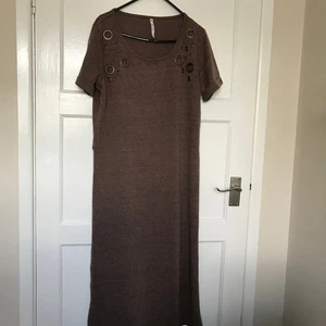 Blue Vanilla Brown Circle Detail Long Dress Size Large 16 Short Sleeve Side Slit - Picture 1 of 10