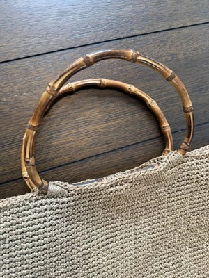 Woven Straw Handbag Womens Large Bamboo Handle Purse Polka Dot Lined Summer Tote - Image 1 of 4