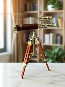 Antico telescopio in pelle ottone con supporto treppiede - spia nautica vintage - Foto 1 di 4