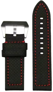 24 mm Panatime schwarz Kohlefaser Stil flach Uhrenarmband mit roten Nähten 125/75 - Bild 1 von 1