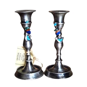 Pair of Silver Tone Shabbat Candlestick Holders Small Charms Made in Israel  - Picture 1 of 7