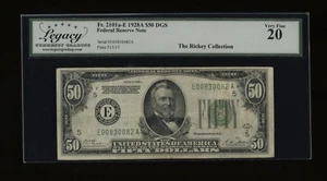DBR 1928-A $50 DGS FRN Richmond Fr. 2101-Edgs Legacy VF-20 Serial E00830082A - Picture 1 of 2