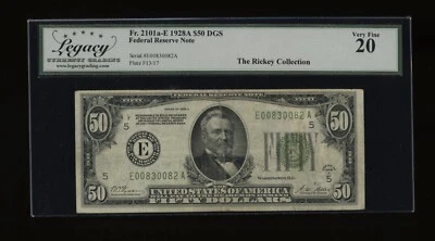 DBR 1928-A $50 DGS FRN Richmond Fr. 2101-Edgs Legacy VF-20 Serial E00830082A - Image 1 of 2