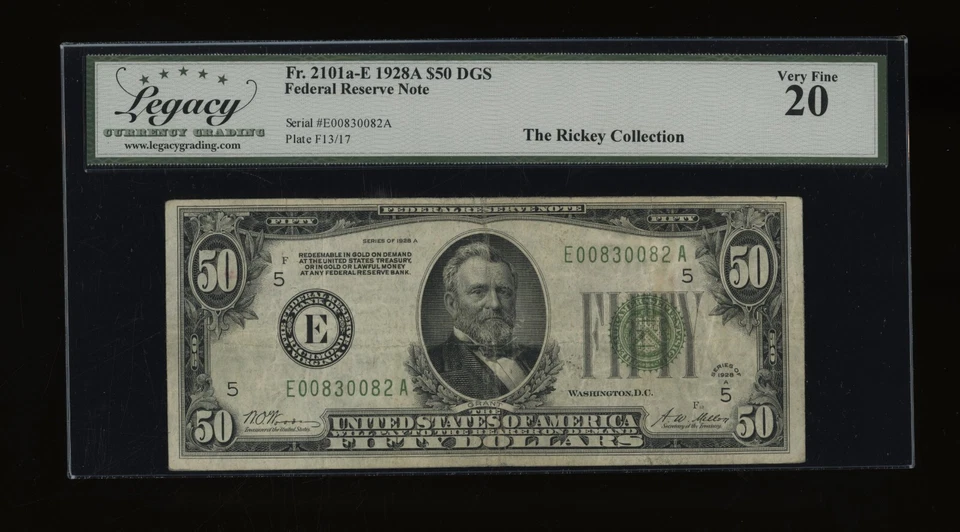 DBR 1928-A $50 DGS FRN Richmond Fr. 2101-Edgs Legacy VF-20 Serial E00830082A - Image 1 of 2