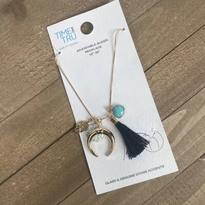 Time And Tru Adjustable Slider Necklace 18"-36" Glass & Genuine Stone Accents - Picture 1 of 11